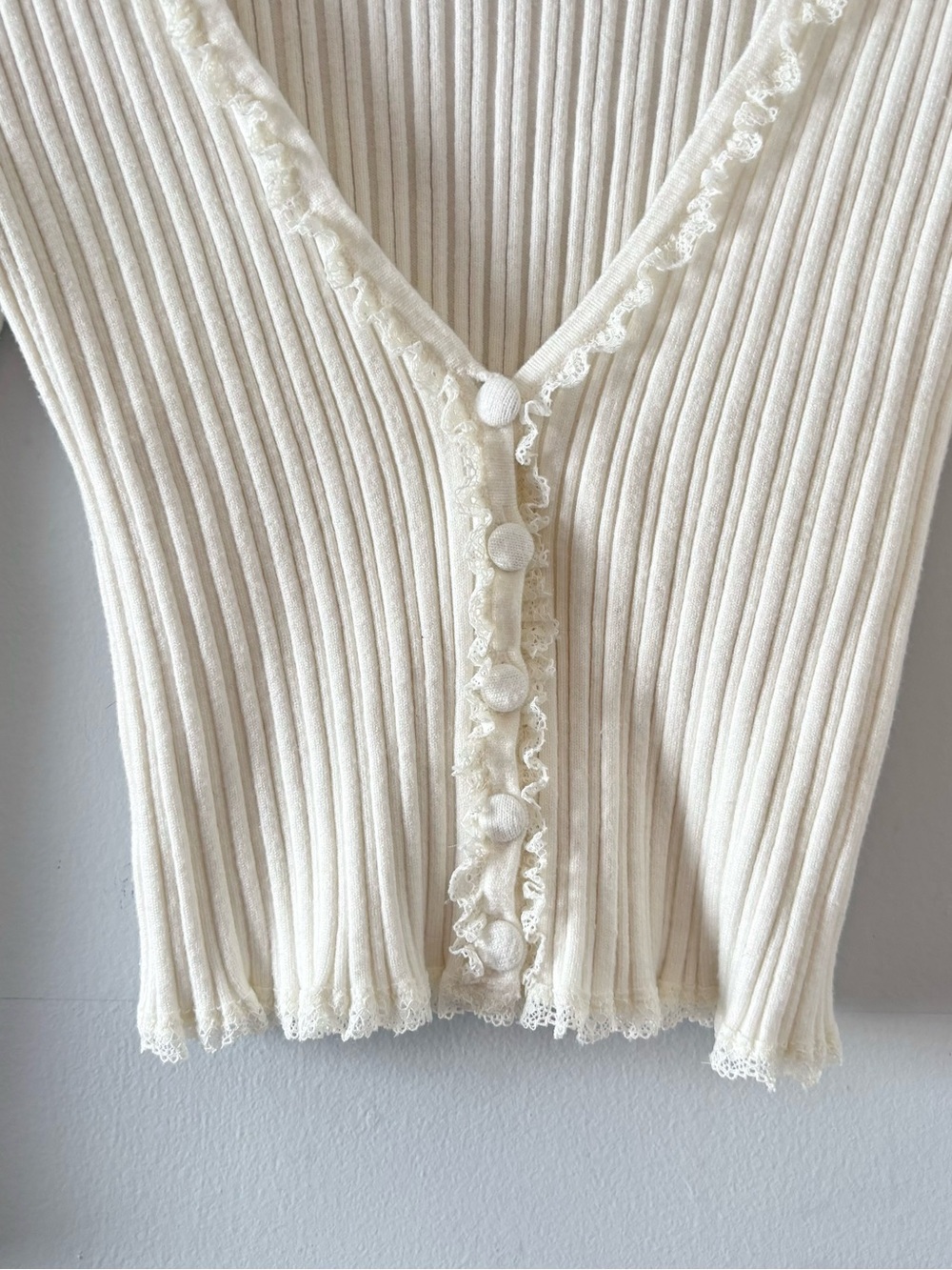 For Love & Lemons Lena Cardigan Sweater Cream Cropped Ribbed Knit - Picture 4 of 6
